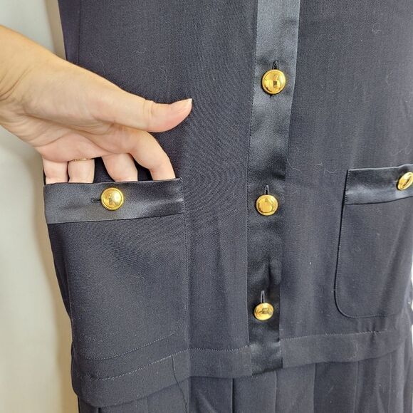 VINTAGE 90s Escada navy blue wool pleated dark academia drop‎ waist dress 36/S - Picture 4 of 12